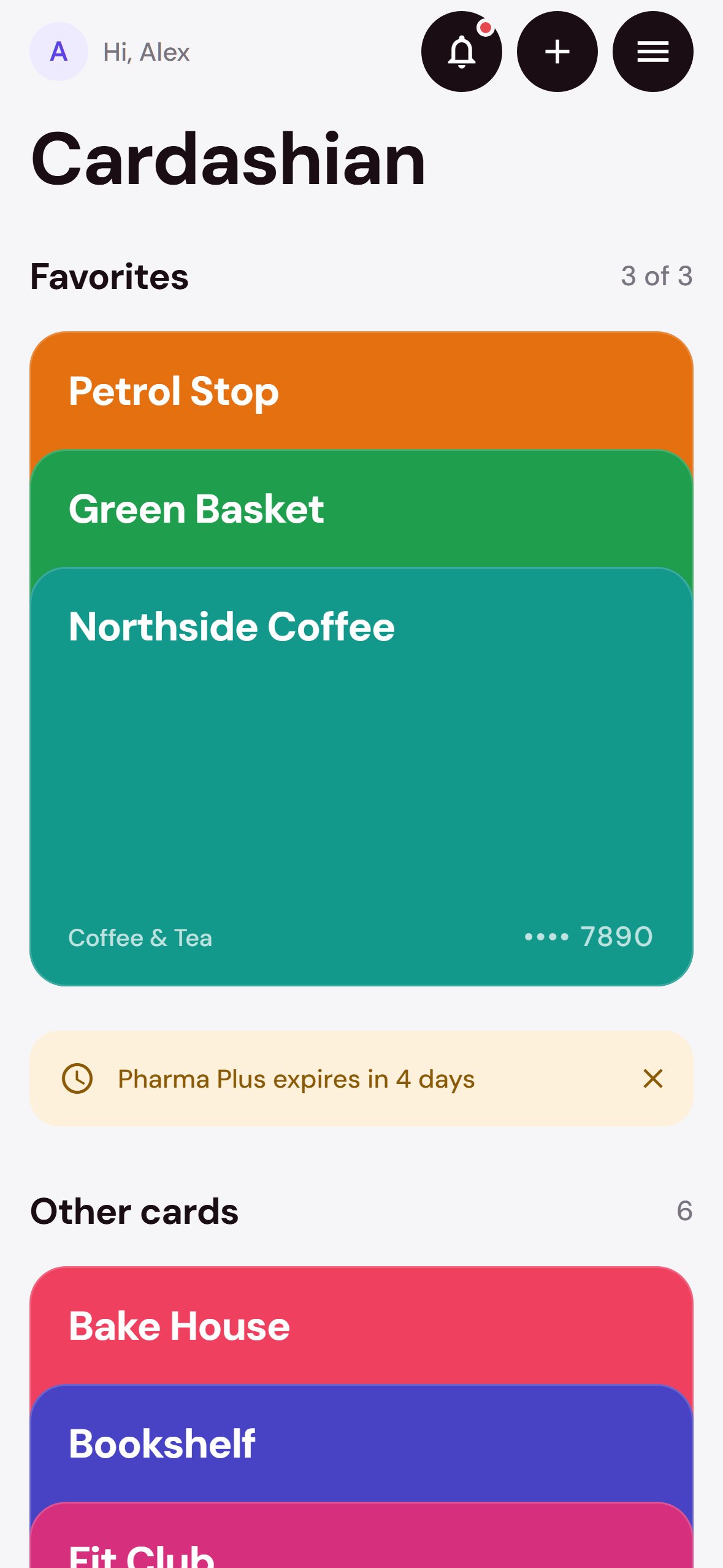 Cardashian home screen with a stack of loyalty cards and three favorites pinned to the top
