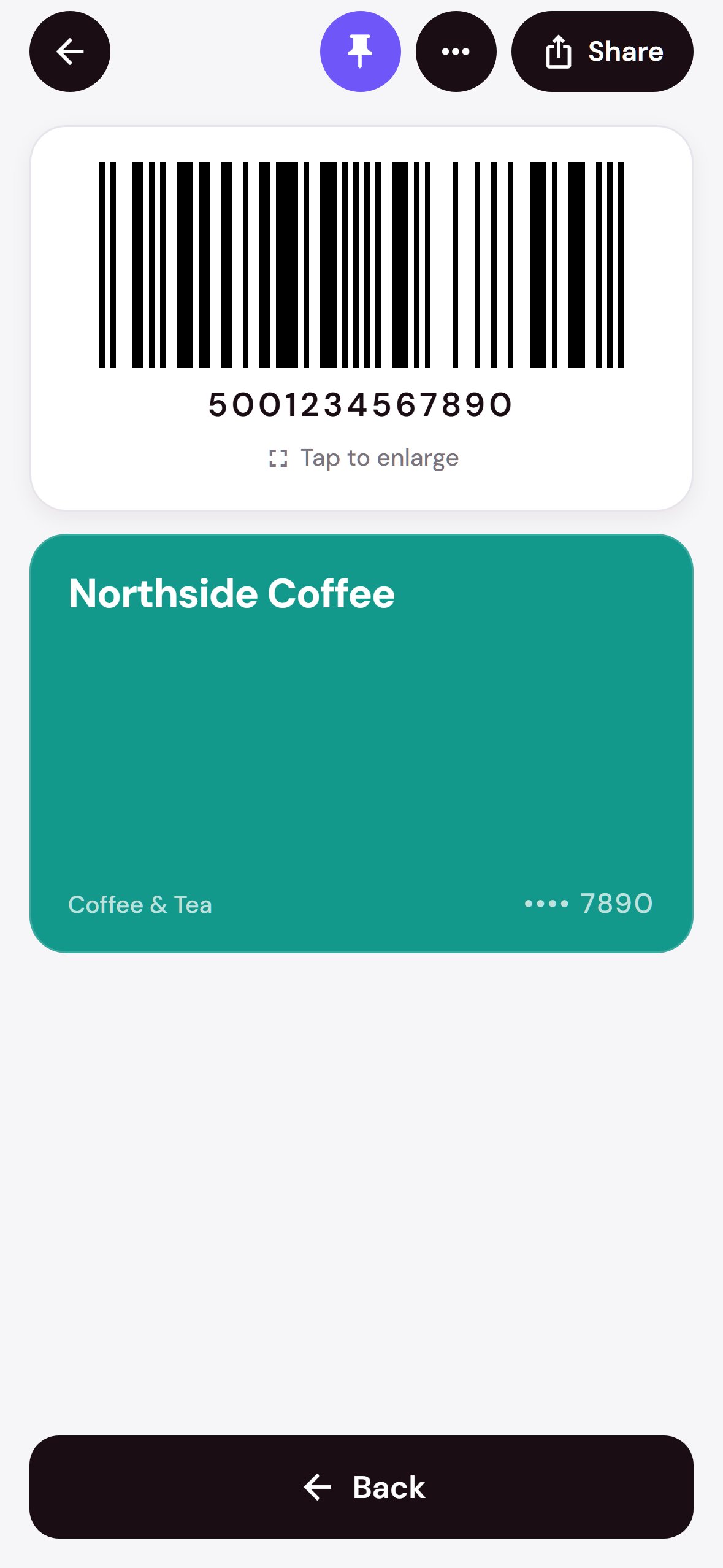 A card open with its barcode filling the screen, with Share at the top and Back at the bottom