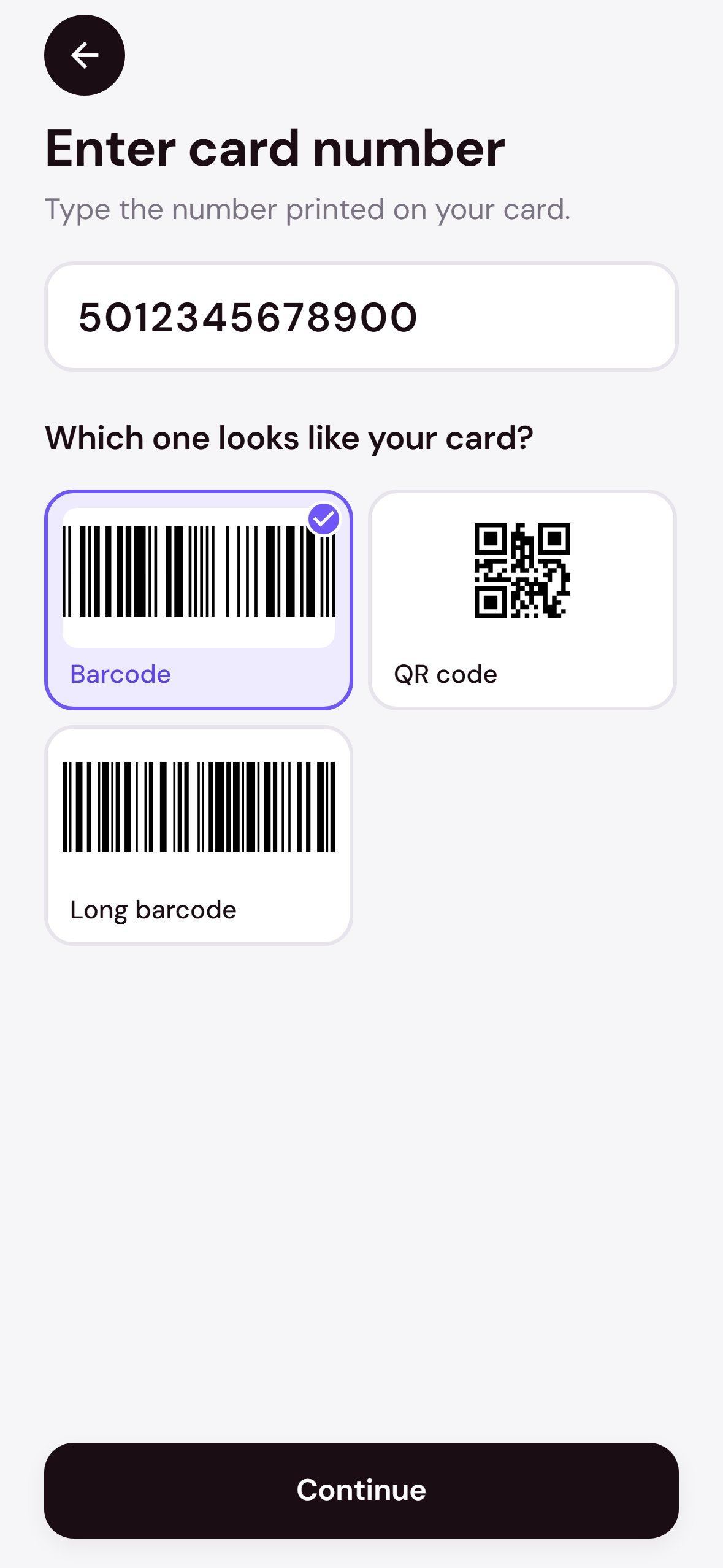 Enter card number screen asking which of a barcode, QR code or long barcode looks like your card