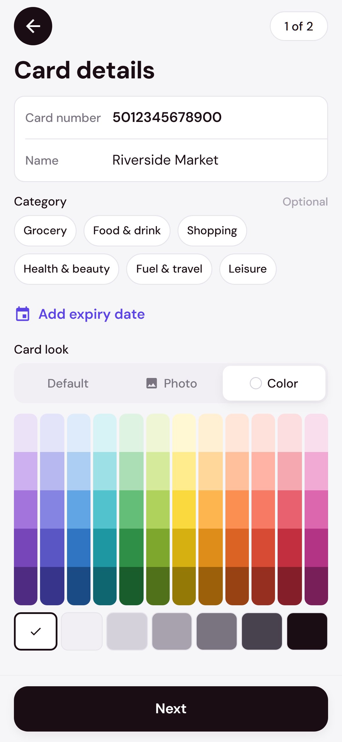 Card details screen with an optional category, an add expiry date link, and a full-width colour picker